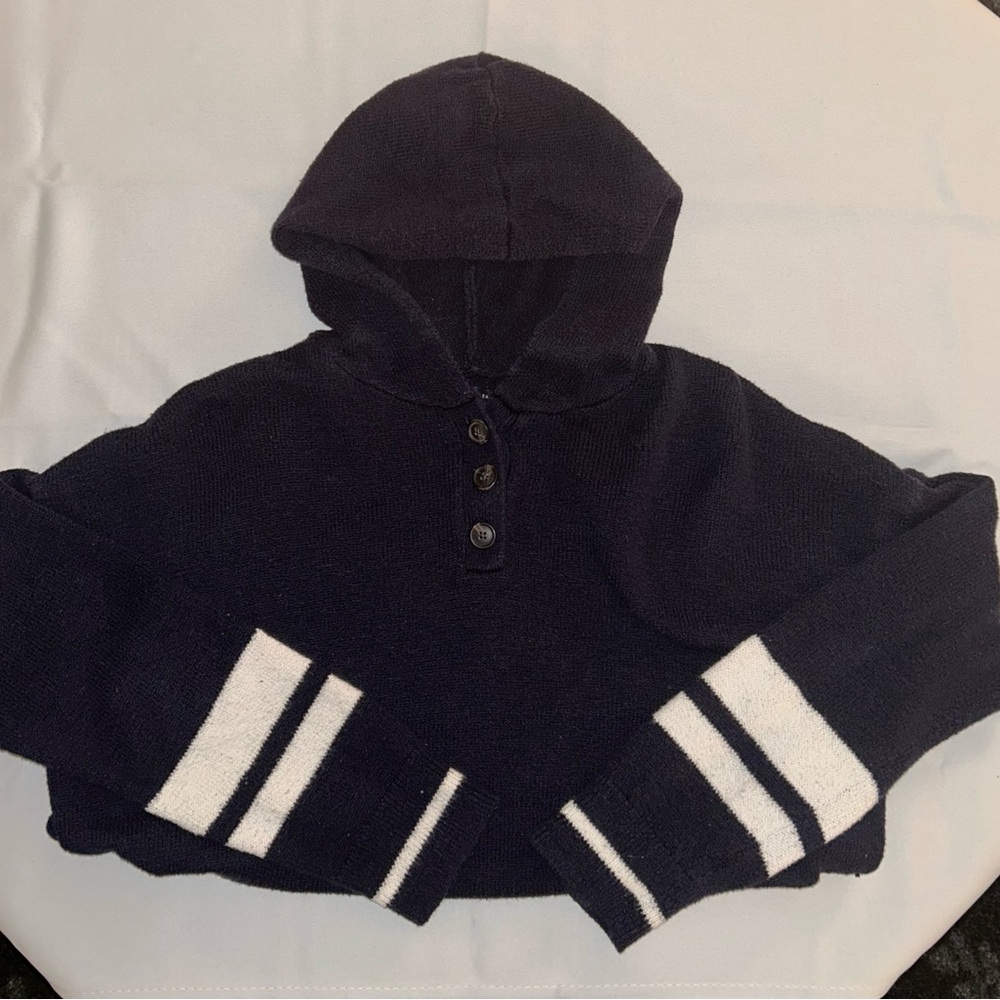 Navy Blue Hooded Sweater with Striped Sleeves
